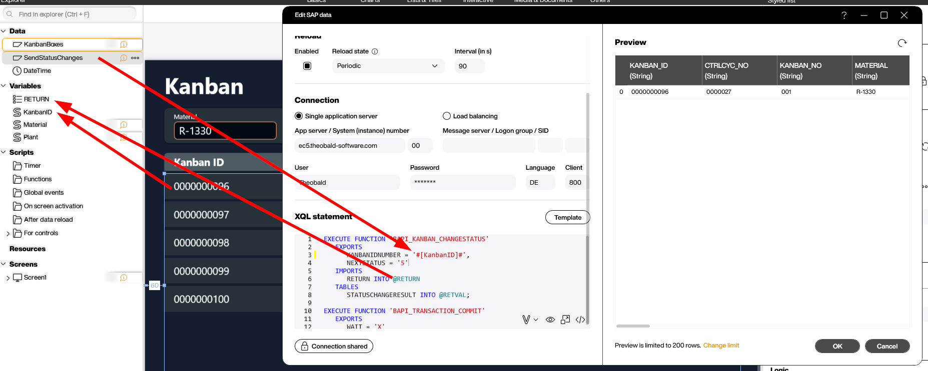 Firing a SAP Kanban event from the Peakboard application using BAPI_KANBAN_CHANGESTATUS