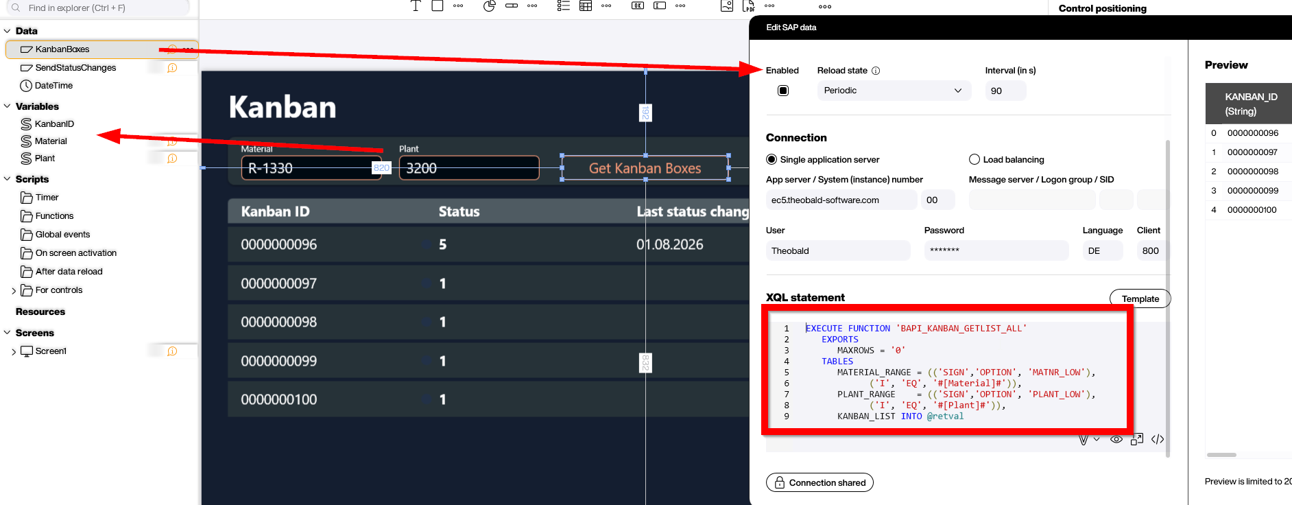 Peakboard data source reading SAP Kanban metadata, displayed in a styled list