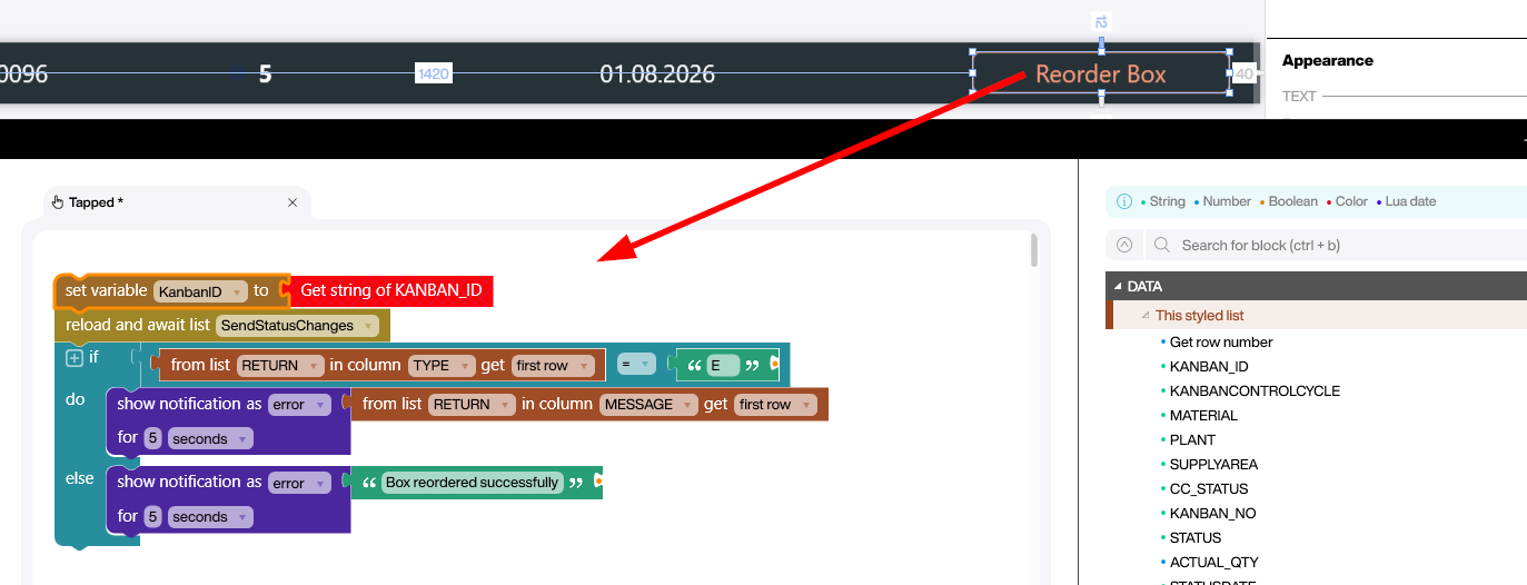 Peakboard logic checking the SAP RETURN structure for errors after firing a Kanban reorder event