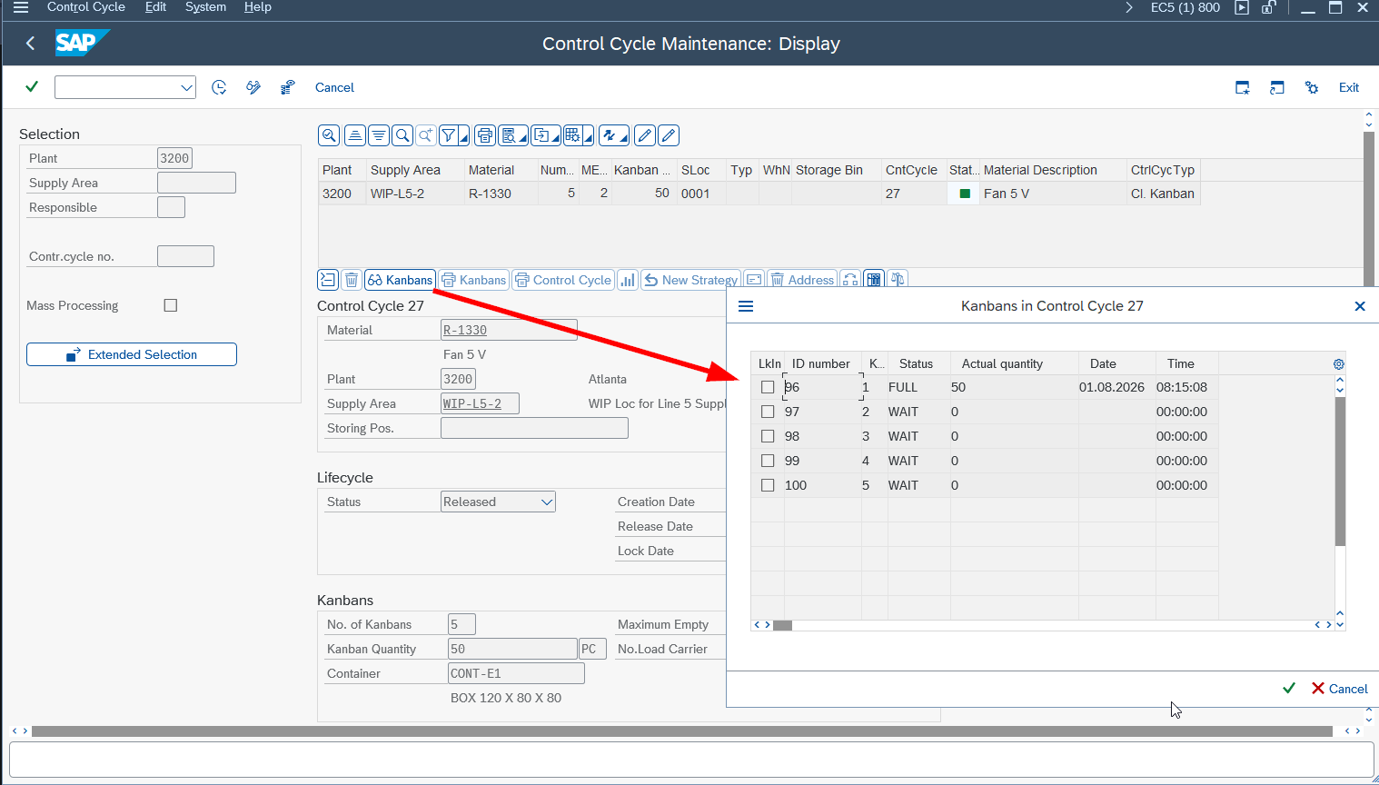 SAP Kanban control cycle in transaction PKMC showing five boxes and their status