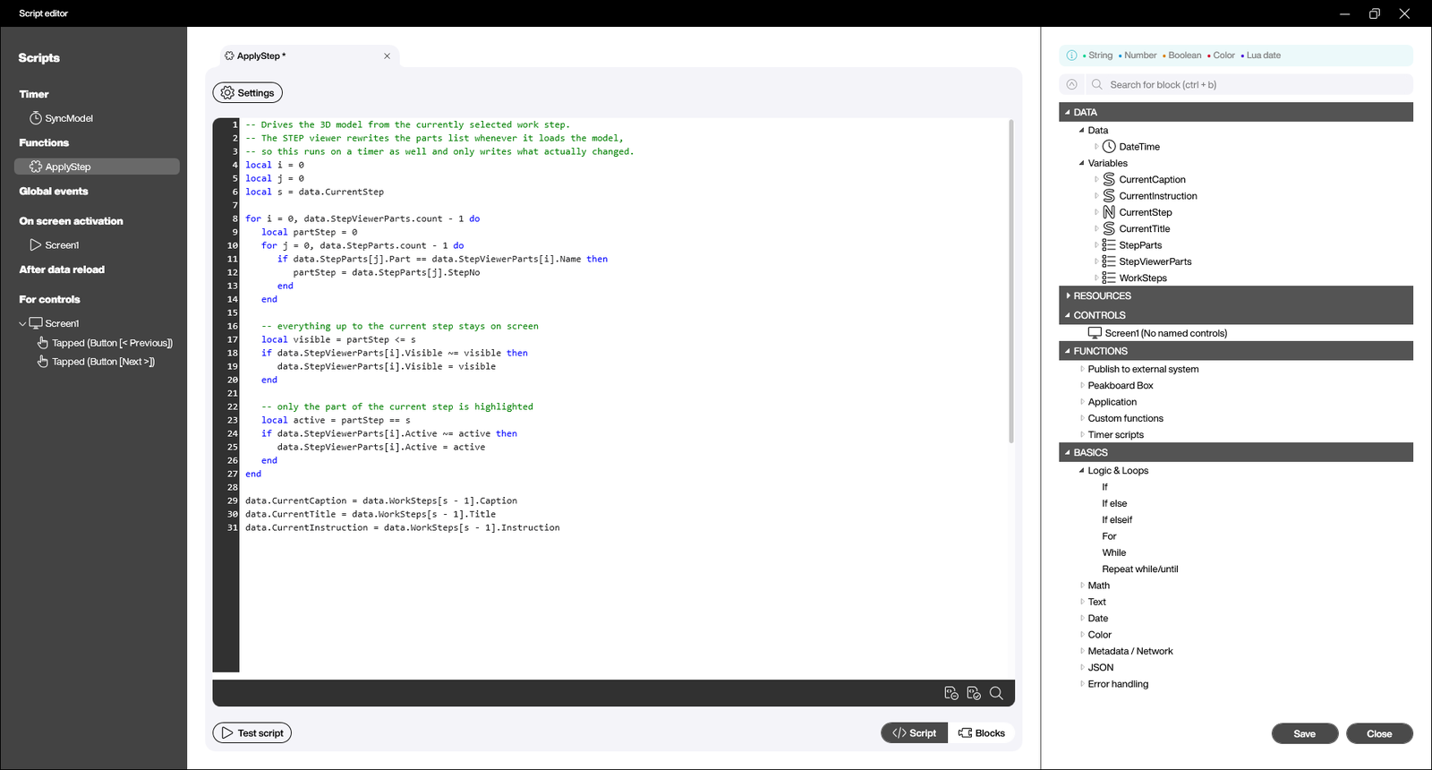 The ApplyStep function in the Peakboard script editor