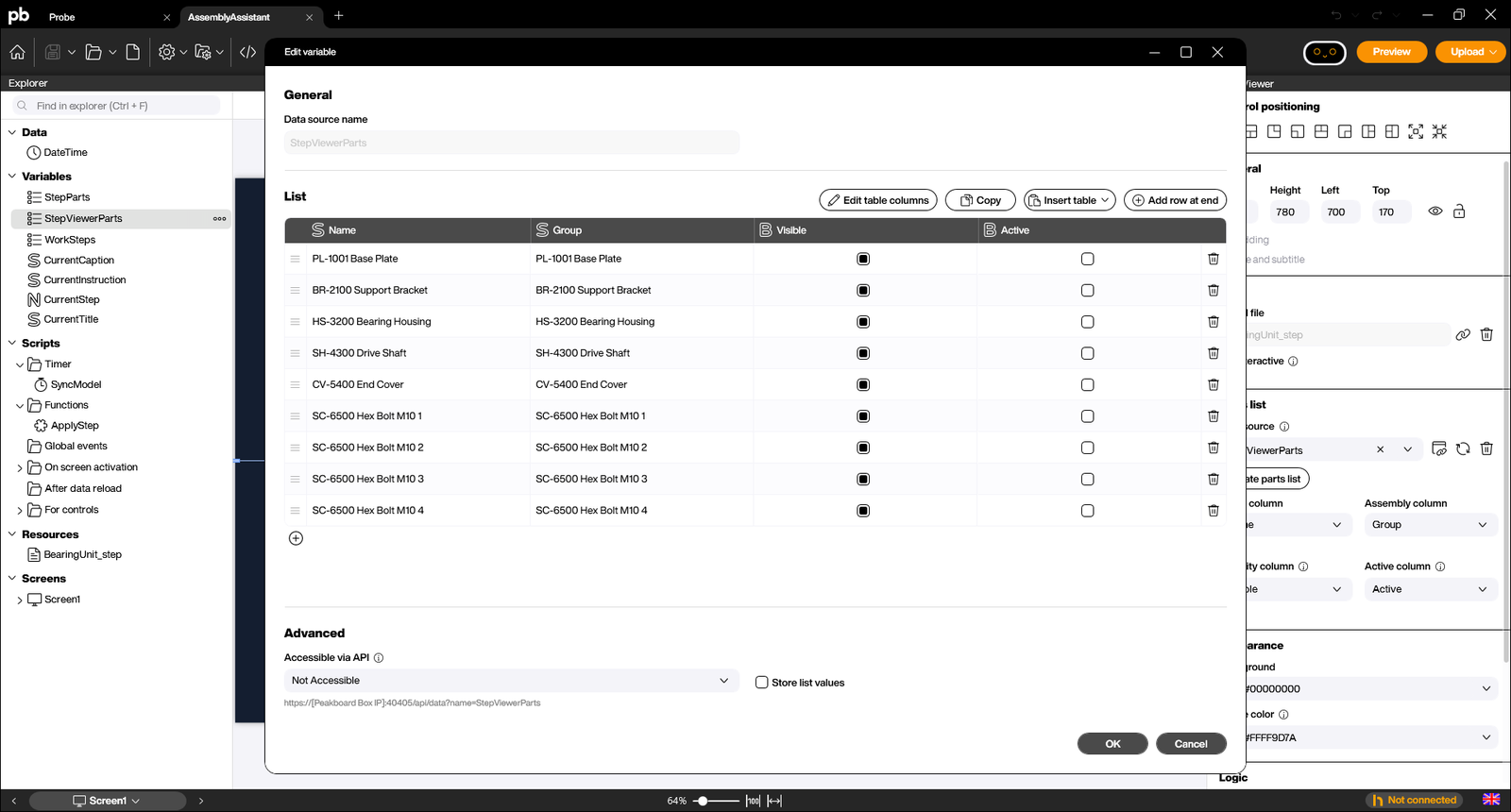 Generated parts list with one row per part of the STEP model