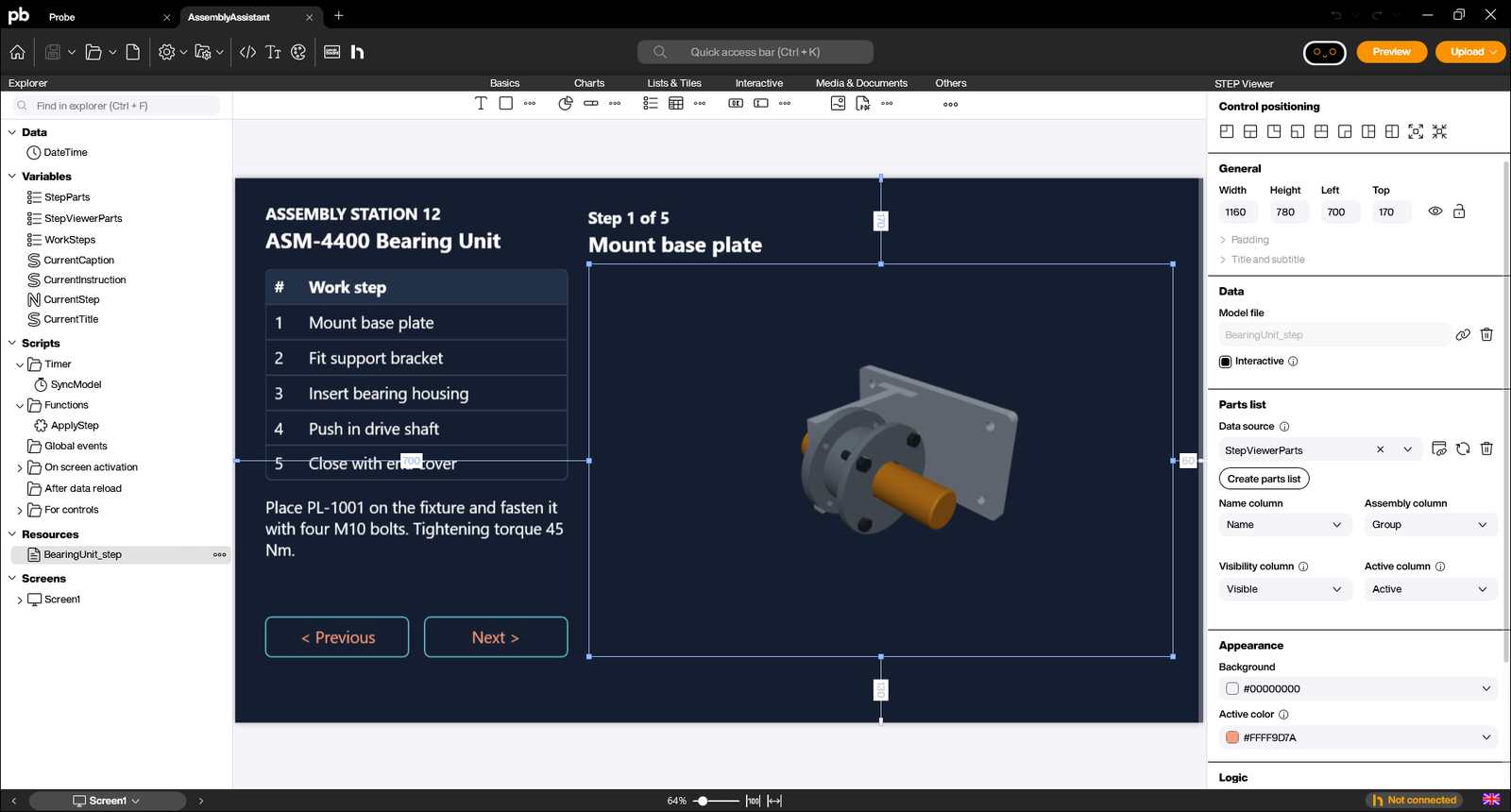 Peakboard Designer property panel of the Step control with model file, parts list and appearance settings