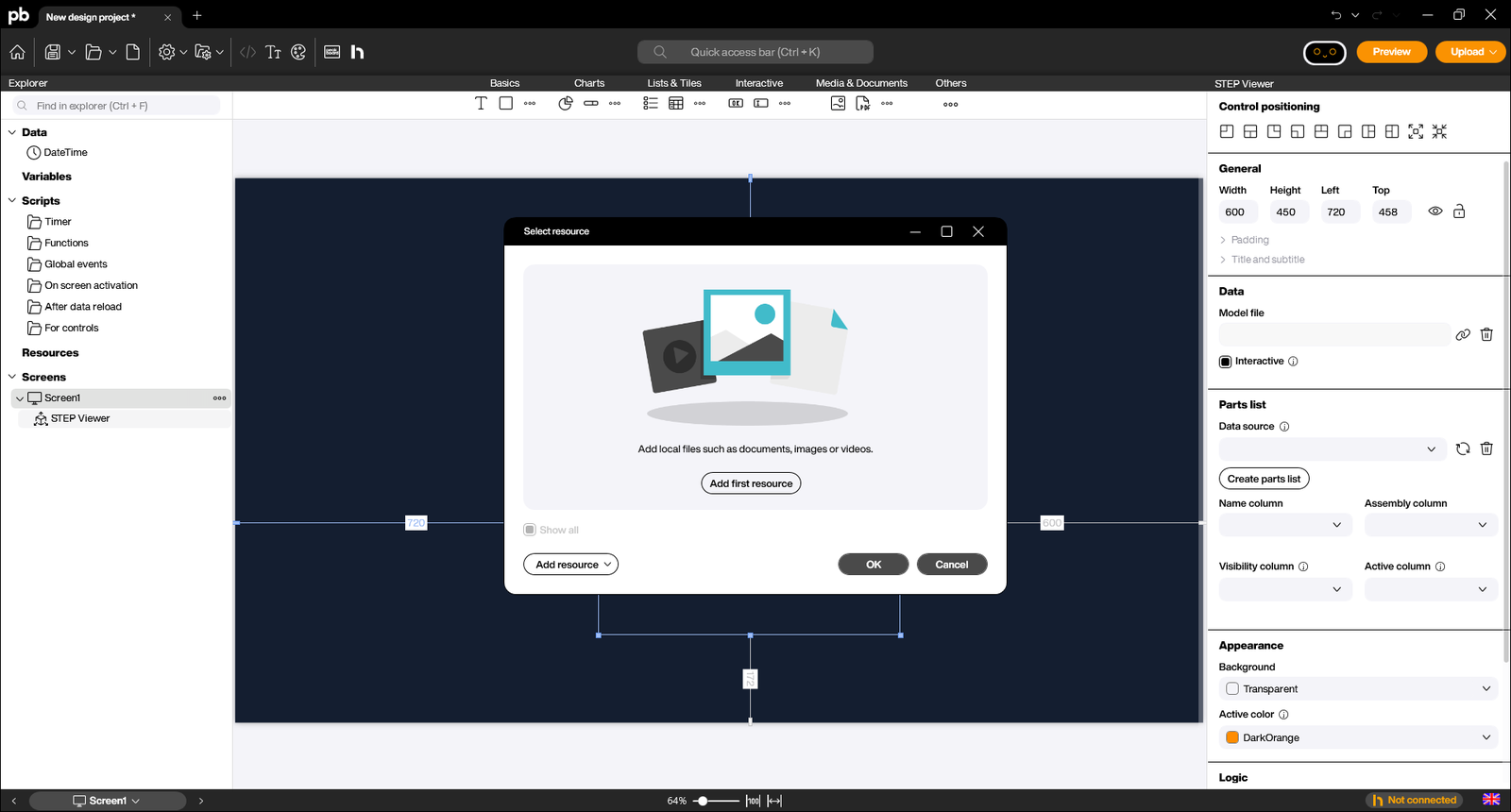 Select resource dialog for adding a STEP file to a Peakboard project