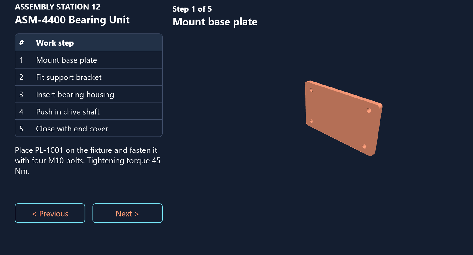 Assembly assistant at step one showing only the highlighted base plate