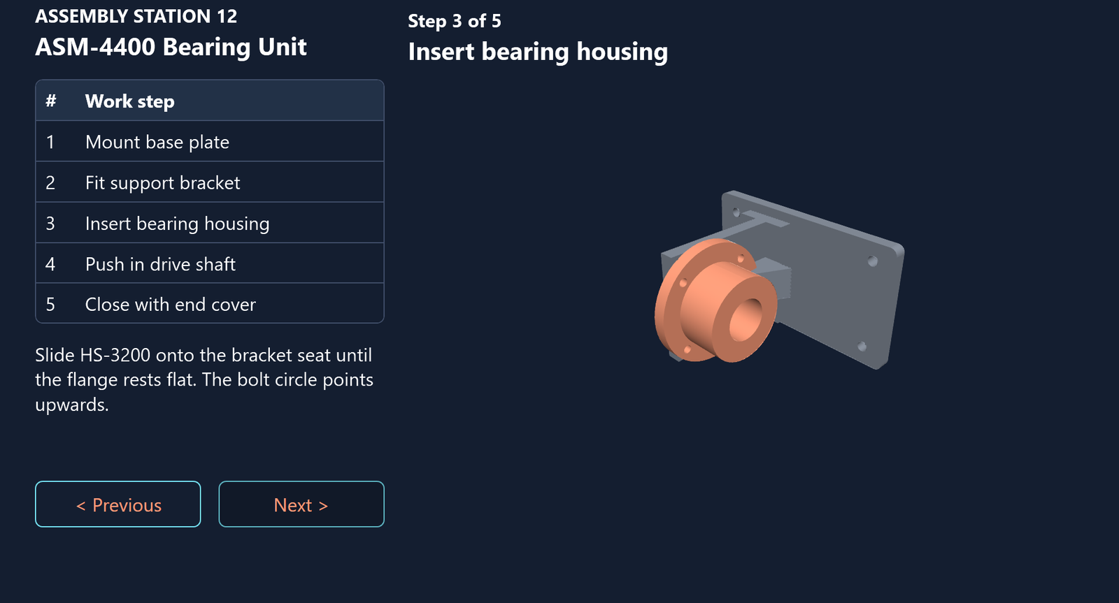 Assembly assistant at step three with the bearing housing highlighted