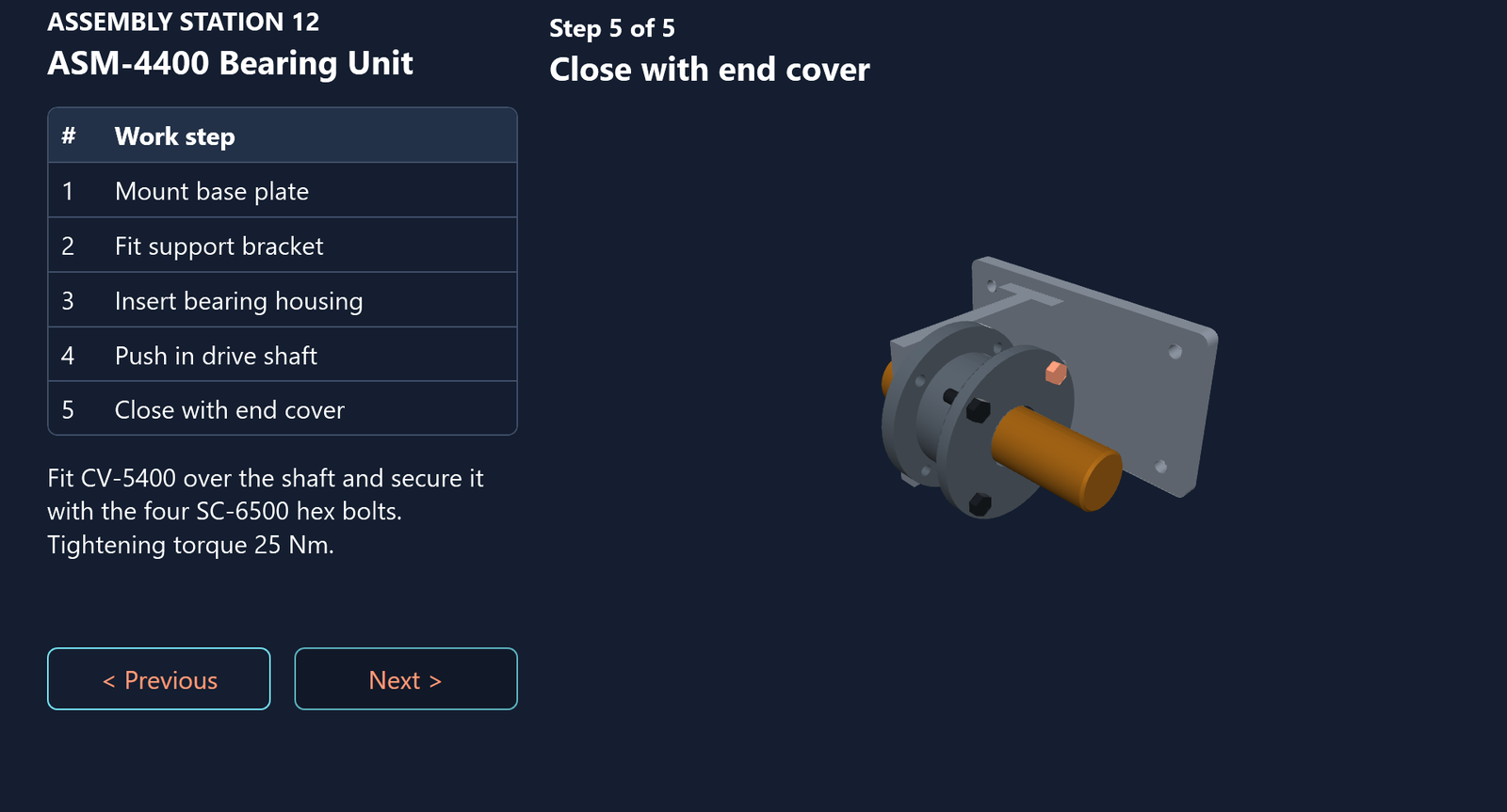 Assembly assistant at step five with the complete unit and the bolts highlighted
