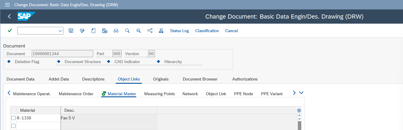 Object link between the document and material R-1330 in SAP transaction CV02N