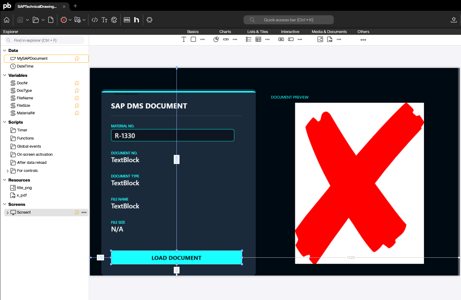 Structure of the Peakboard application with the SAP data source and the variables