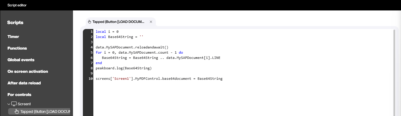 Lua script of the LOAD DOCUMENT button reassembling the Base64 string