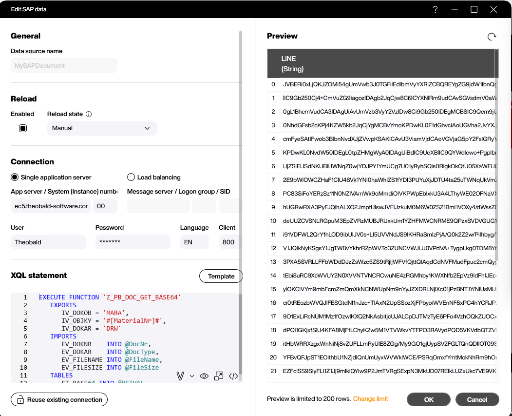 SAP data source in the Peakboard Designer with the XQL statement and the Base64 preview