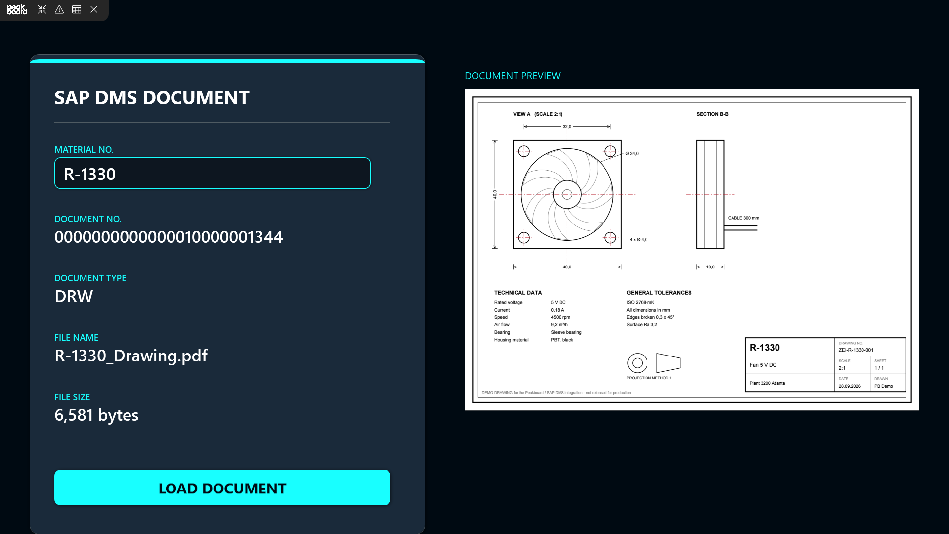 The finished Peakboard application showing the SAP DMS drawing for material R-1330