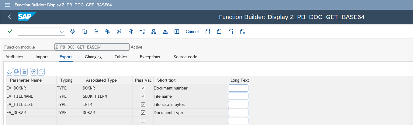 Export parameters of the Z_PB_DOC_GET_BASE64 function module in SAP transaction SE37