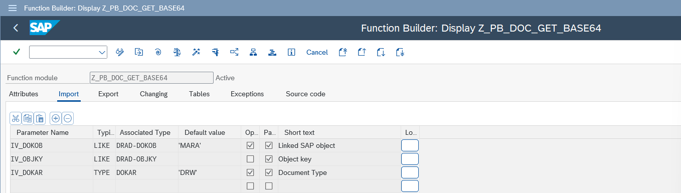 Import parameters of the Z_PB_DOC_GET_BASE64 function module in SAP transaction SE37