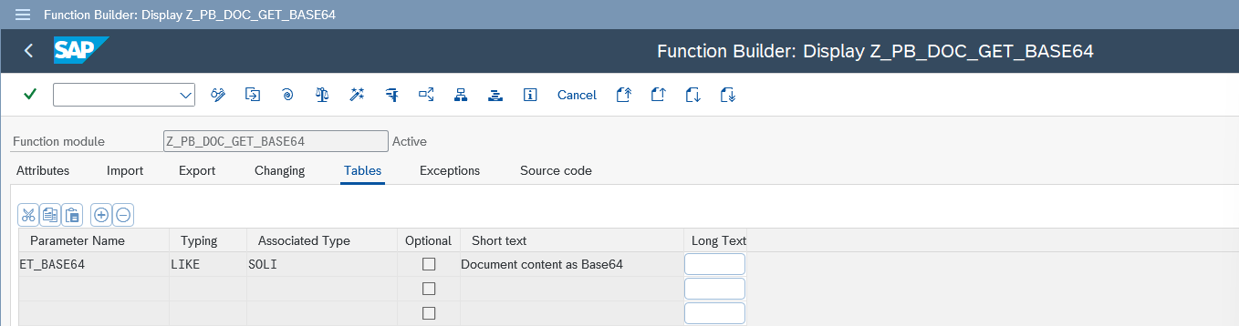 Tables parameter of the Z_PB_DOC_GET_BASE64 function module in SAP transaction SE37