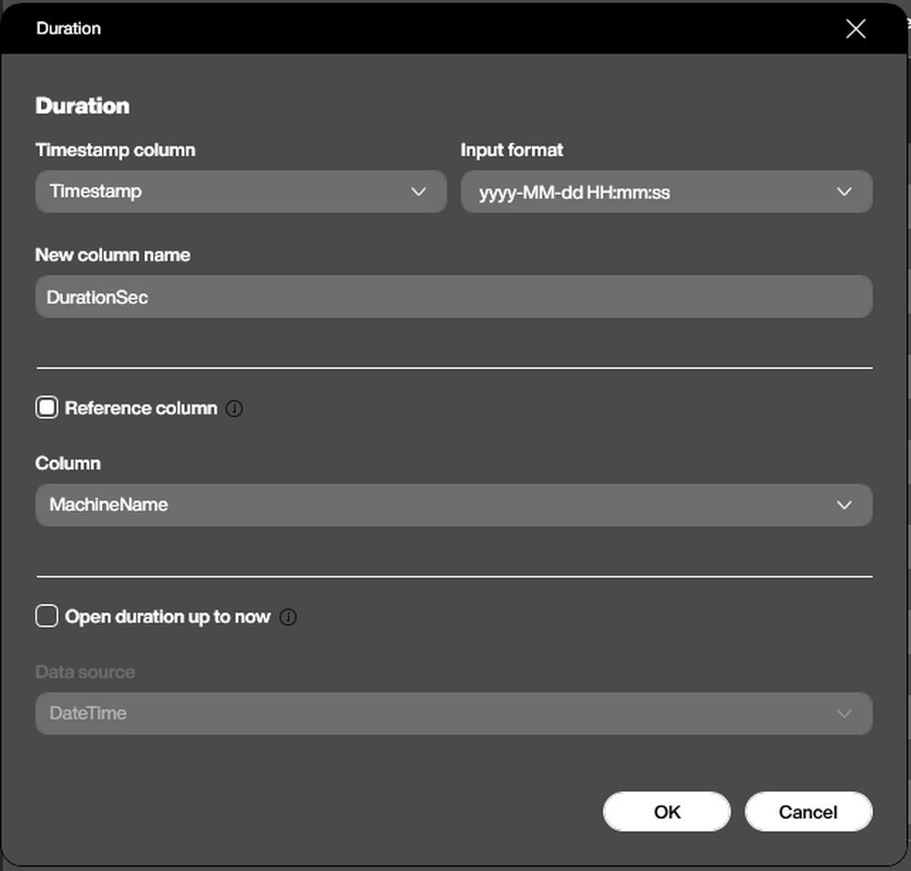 Configuration dialog of the Duration dataflow step