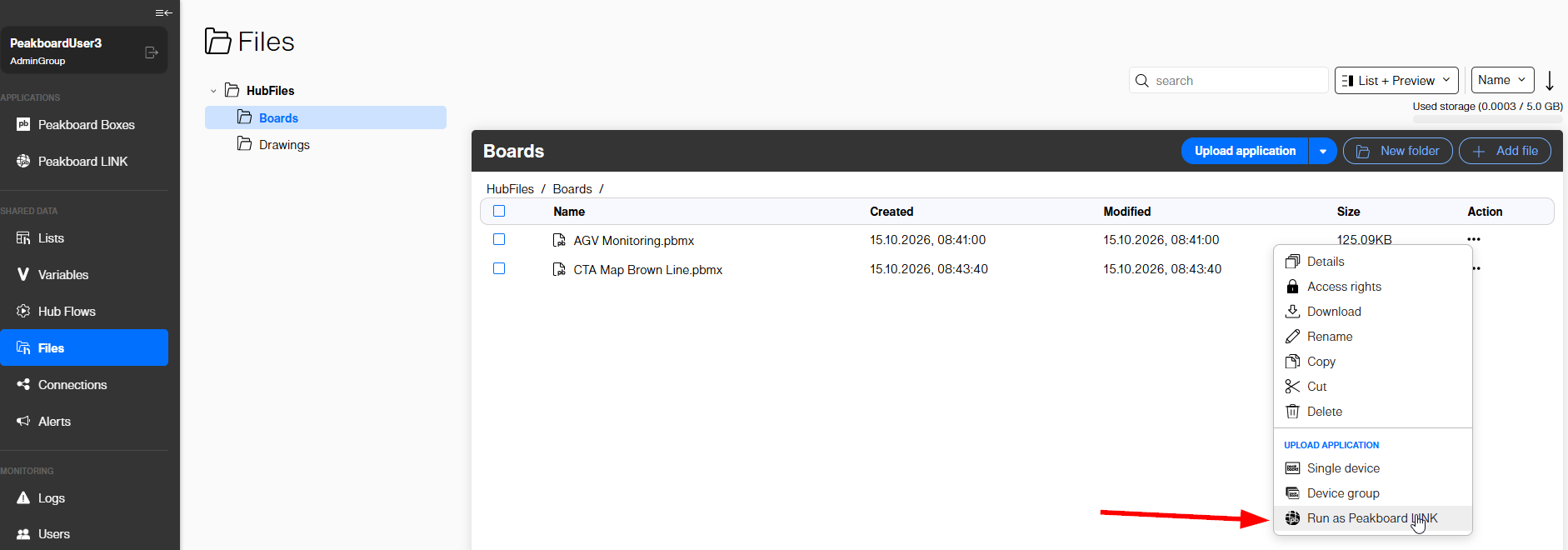 Files section of Peakboard Hub with the action menu of a pbmx file and the Run as Peakboard LINK entry
