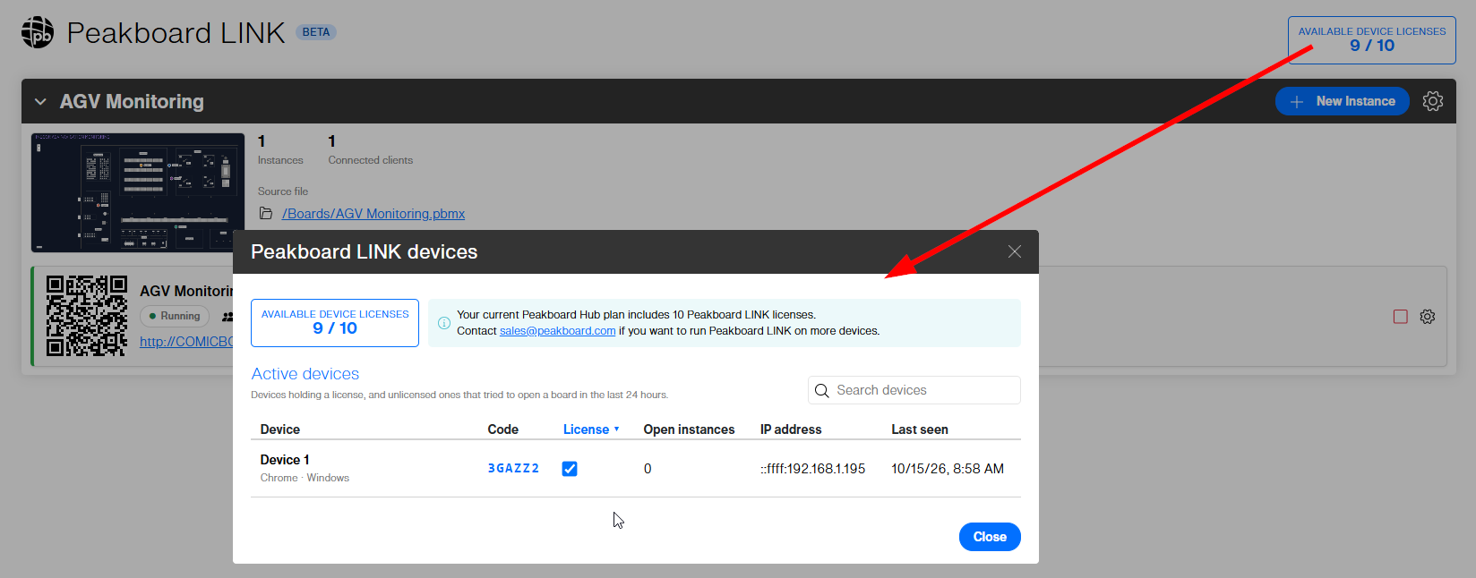 Peakboard LINK devices dialog with the device code and the license checkbox switched on