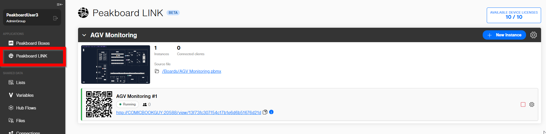 Peakboard LINK section of the Hub with the running AGV Monitoring instance, its QR code and URL