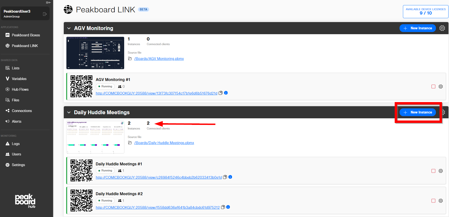 Peakboard LINK section with two applications, one of them running two instances, each with one connected client