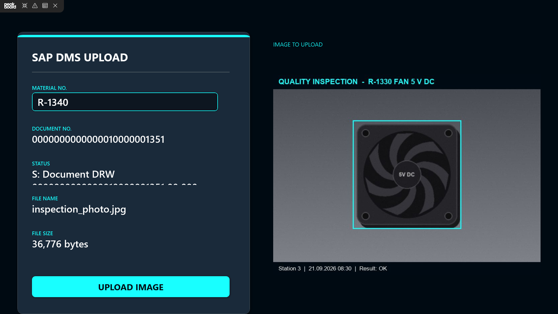 The Peakboard application after a successful upload of the inspection photo to material R-1340