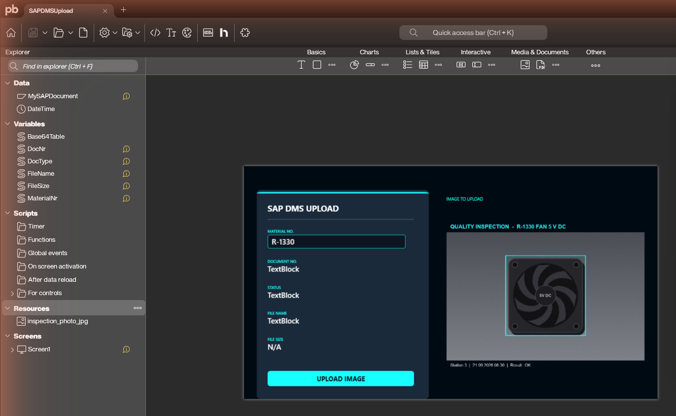 Structure of the Peakboard upload application with variables and the image resource