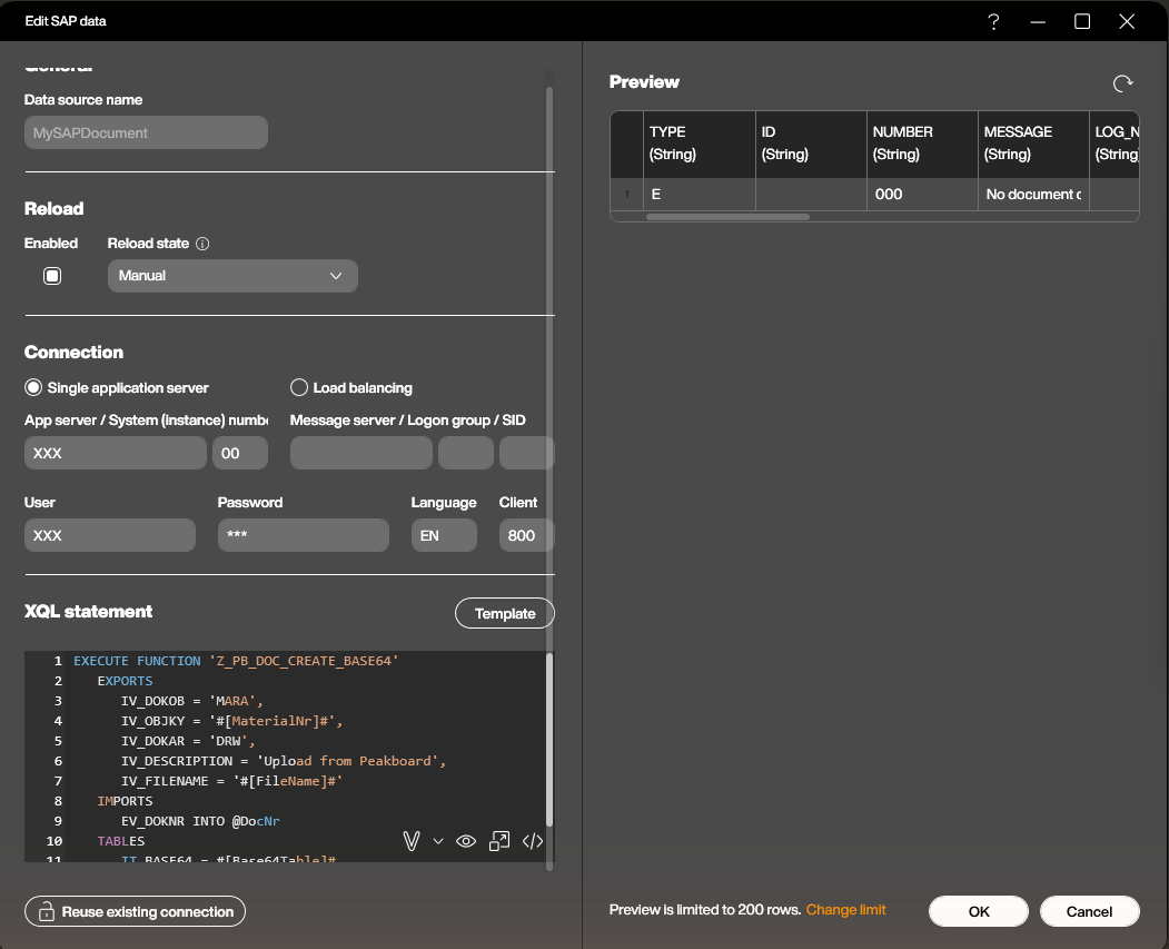 SAP data source in the Peakboard Designer with manual reload and the safe default call