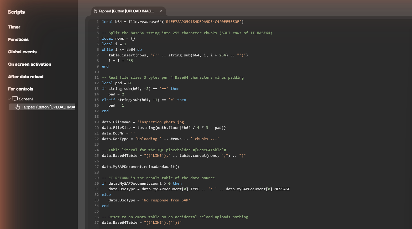 Lua script of the UPLOAD IMAGE button in the Peakboard script editor