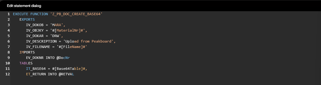 XQL statement calling Z_PB_DOC_CREATE_BASE64 in the Peakboard Designer