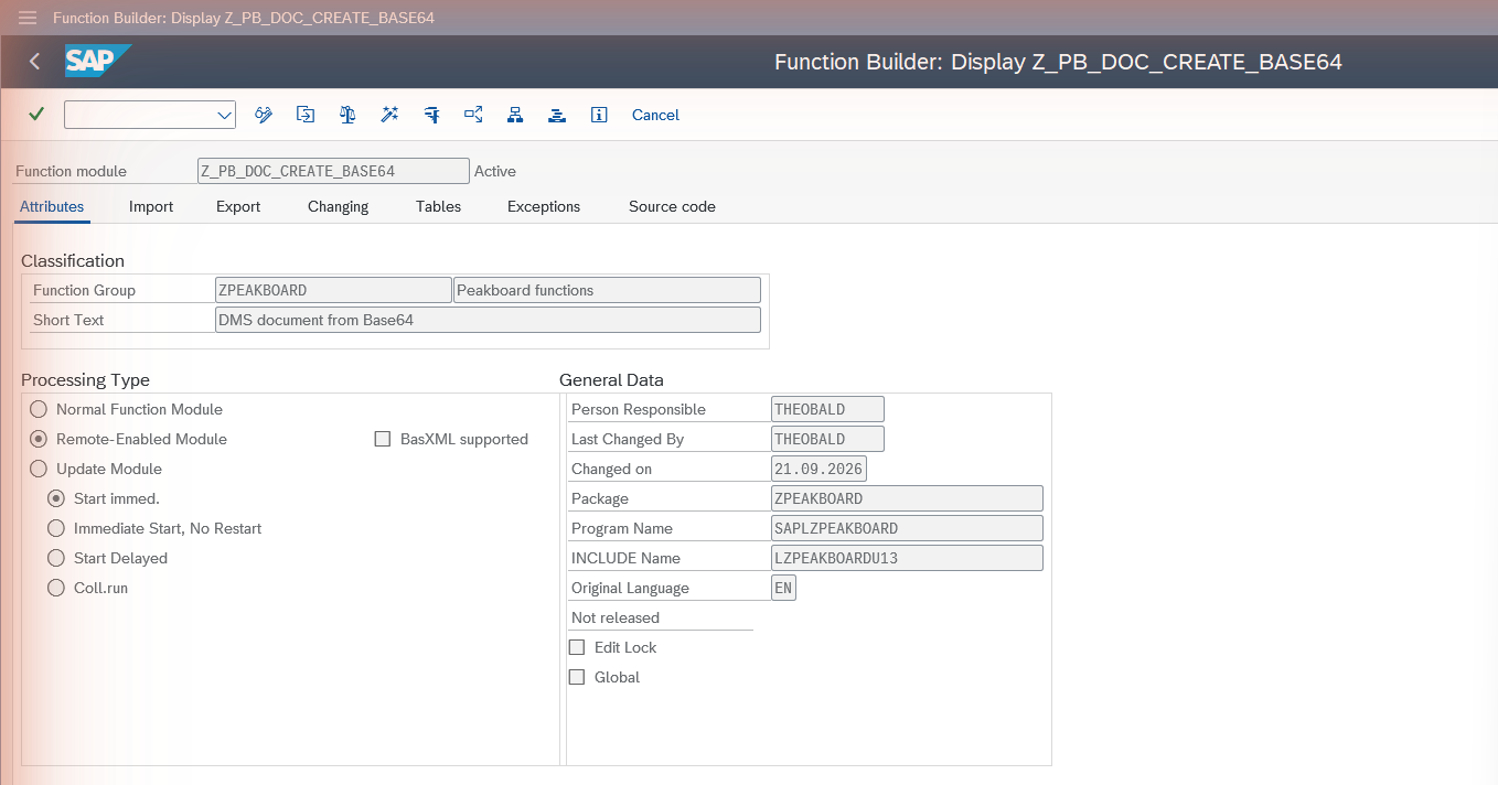 Processing type Remote-Enabled Module on the Attributes tab in SE37