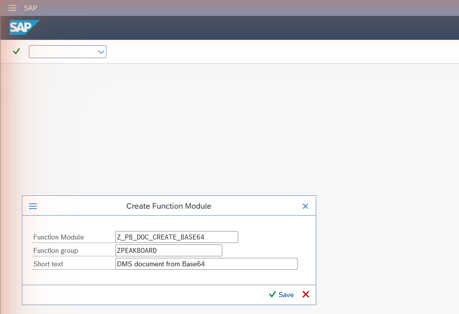 Creating the function module Z_PB_DOC_CREATE_BASE64 in SAP transaction SE37