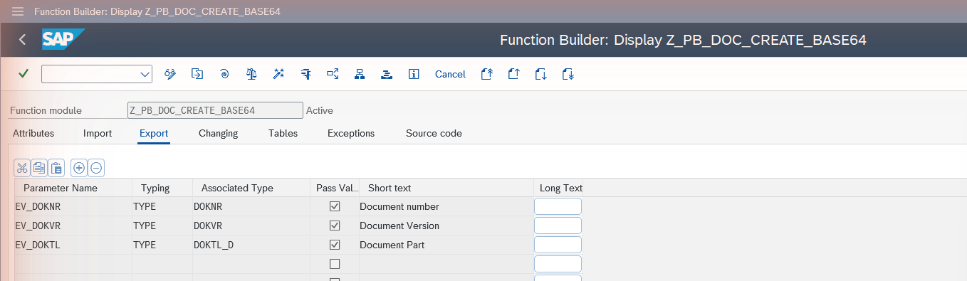 Export parameters of Z_PB_DOC_CREATE_BASE64 in SE37
