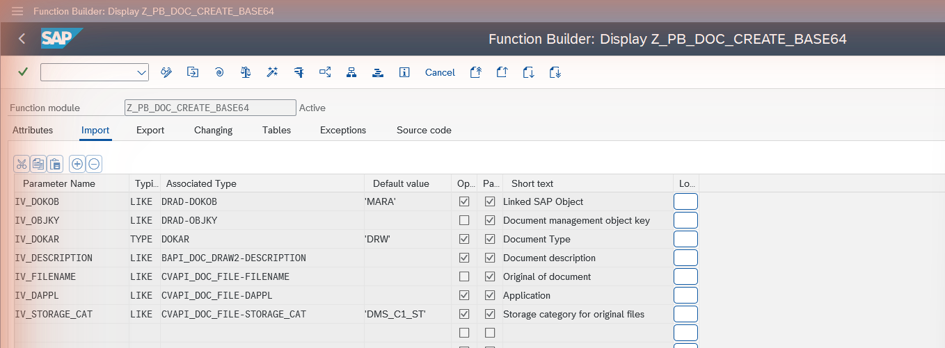 Import parameters of Z_PB_DOC_CREATE_BASE64 in SE37