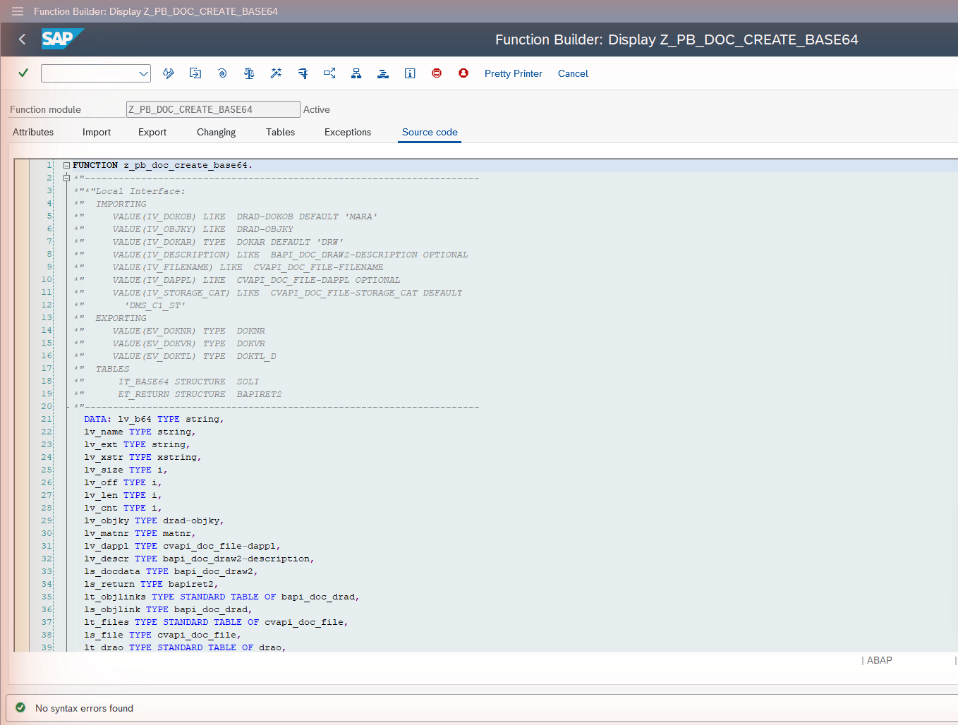 Source code of Z_PB_DOC_CREATE_BASE64 after activation in SE37