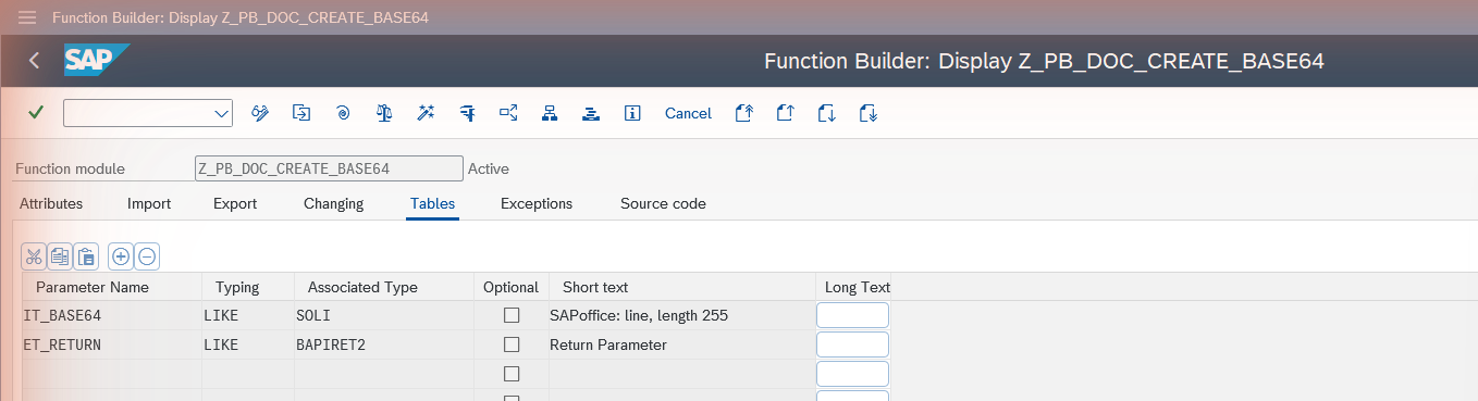 Tables parameters of Z_PB_DOC_CREATE_BASE64 in SE37