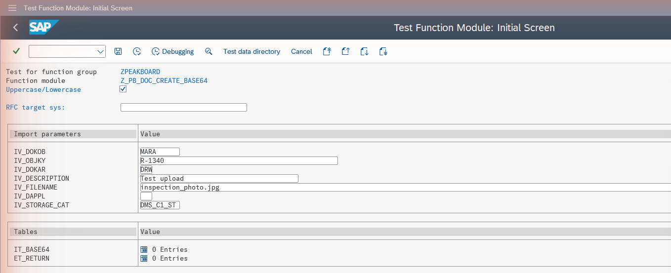 Test screen of Z_PB_DOC_CREATE_BASE64 in SE37 with the Uppercase/Lowercase option