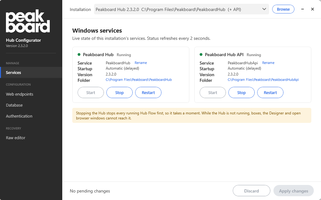 Peakboard Hub Configurator showing the Peakboard Hub and Peakboard Hub API Windows services with their state and controls