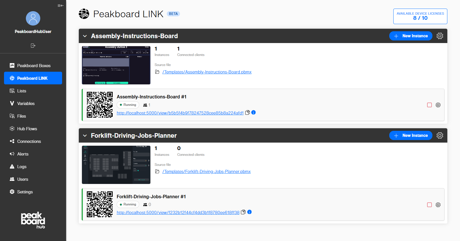 Peakboard LINK overview in the Hub with instances, connected clients, board links and QR codes